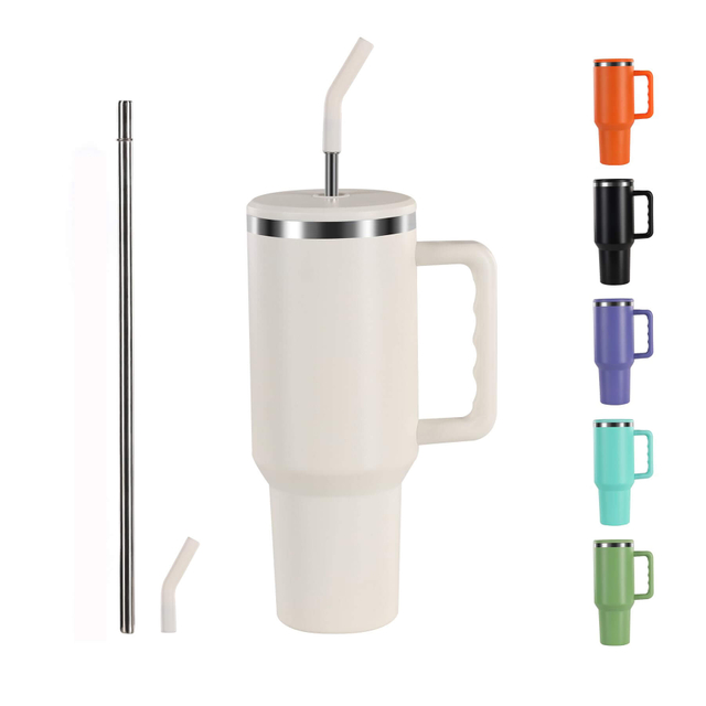 Wholesale Double Wall Insulated white 40oz Travel Coffee Mug with Straw Lid 